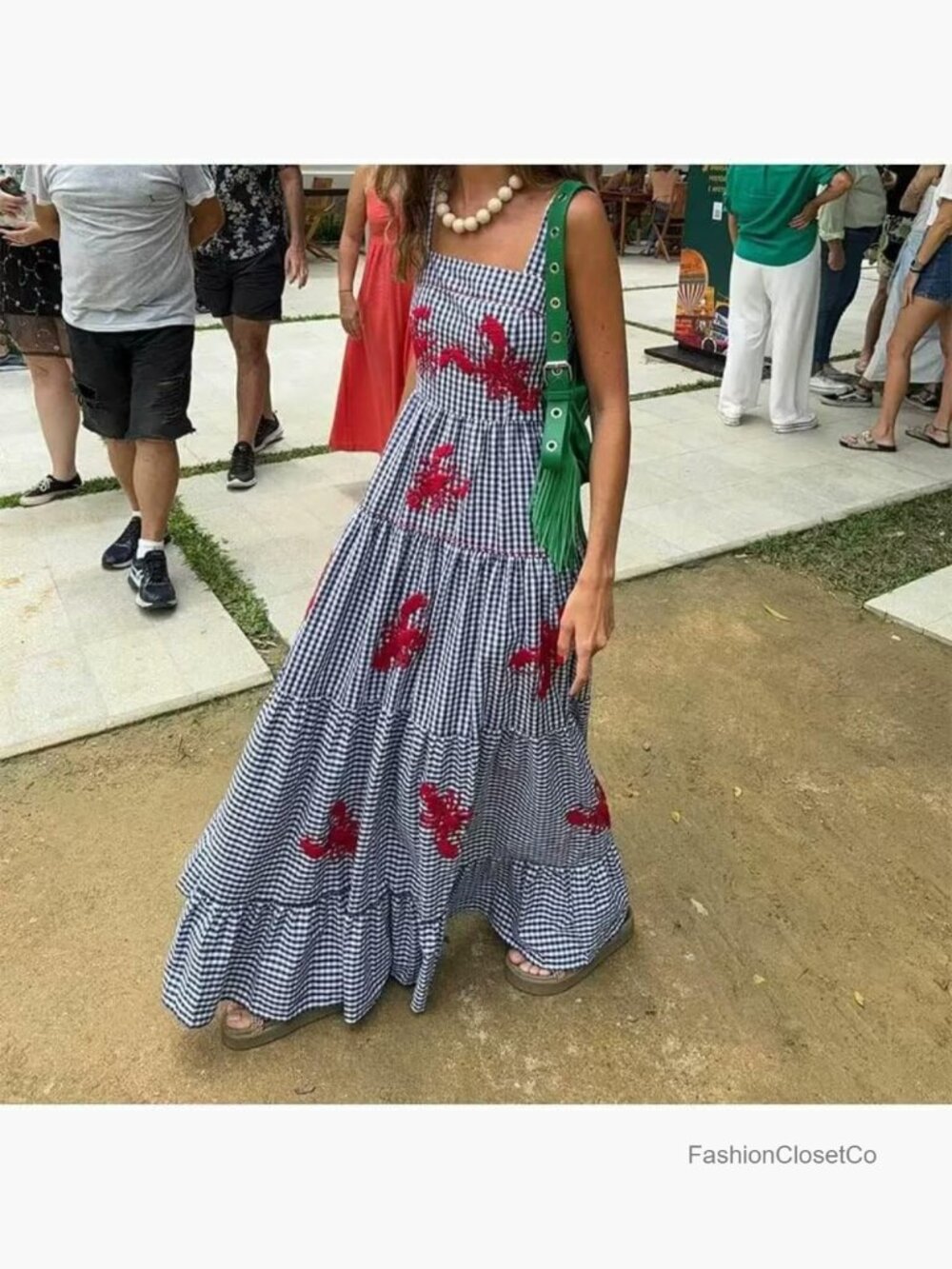 Gingham Lobster Print Maxi Dress Ruffle Linen Sun Dress - Picture 2 of 6
